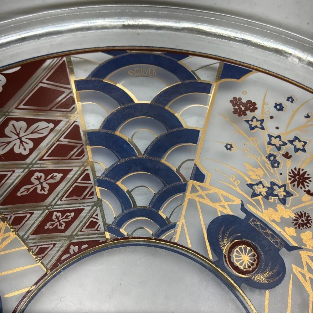 Vintage 1960s Culver Imari Glass Platter Tray MCM 12 Inch Signed